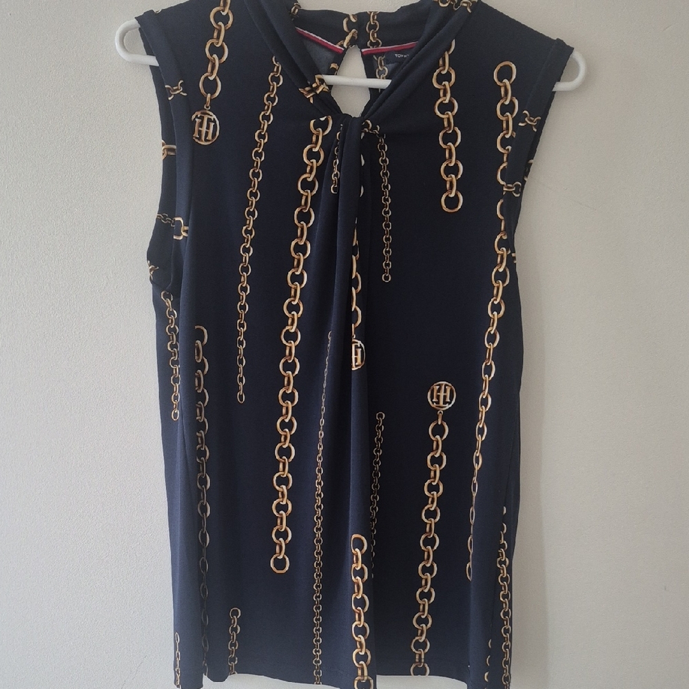Tommy Hilfiger Navy and Gold Chain Print Blouse